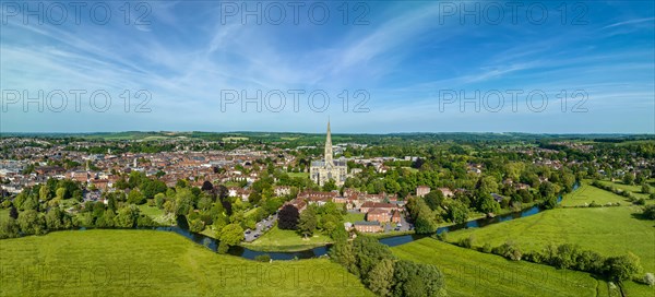 Aerial panorama of the city of Salisbury with Salisbury Cathedral and the River Avon