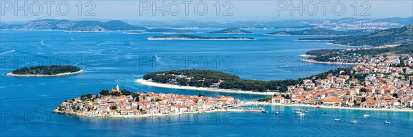 Primosten town on a peninsula in the Mediterranean Sea Holiday Panorama in Primosten