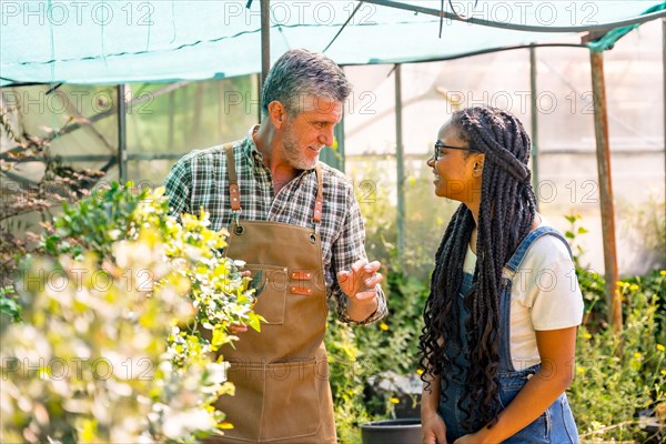 Master gardener teaching flower nursery student girl checking plants in greenhouse