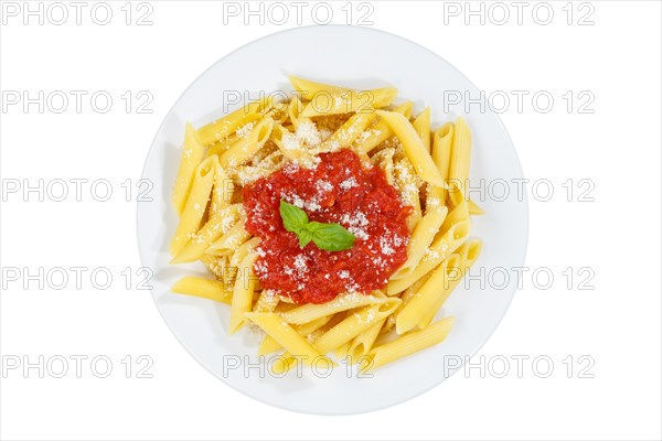 Penne Rigatoni Rigate Italian pasta in tomato sauce exempted isolated eat lunch dish on plate from above in Stuttgart