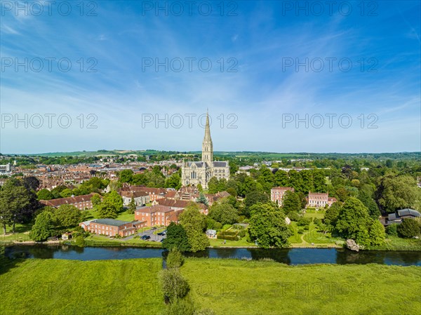 Aerial view of the city of Salisbury with Salisbury Cathedral and the River Avon