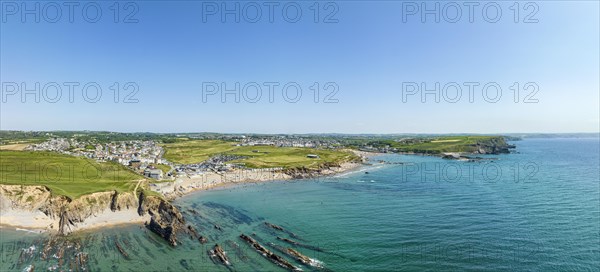 Aerial panorama of the coastline of Bude Bay with bathing beaches First Cove