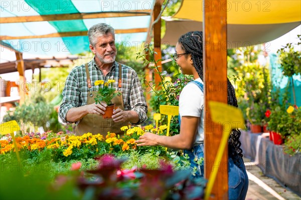 Happy female customer buying yellow flowers from a gardener in a nursery inside the greenhouse