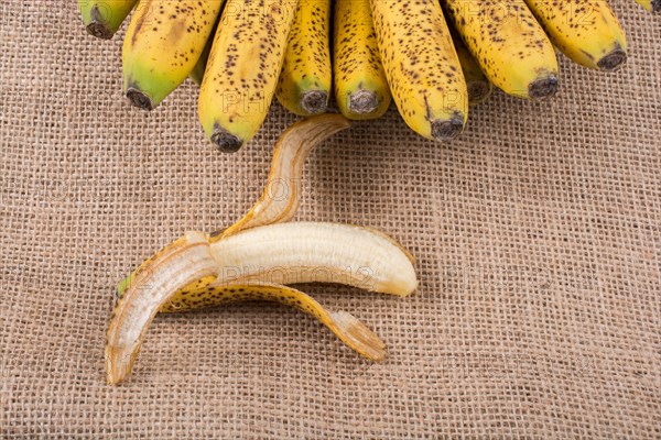 Bunch of yellow freckled bananas on a canvas texture