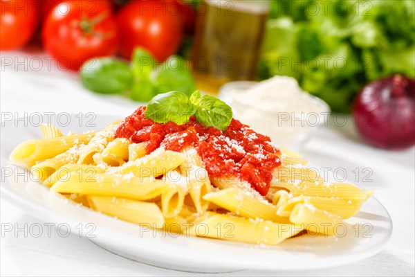 Penne Rigatoni Rigate Italian pasta in tomato sauce eat lunch dish on plate in Stuttgart