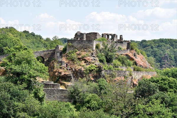 View of the hilltop castle Schmidtburg built in the 9th century in the Hahnenbach valley near Schneppenbach in Hunsrueck