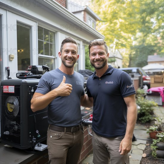 Cheerful homeowner and engineer rejoice in installing new heating system