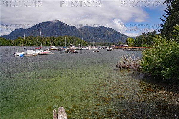 Transparent clear water in a bay with small recreational boats