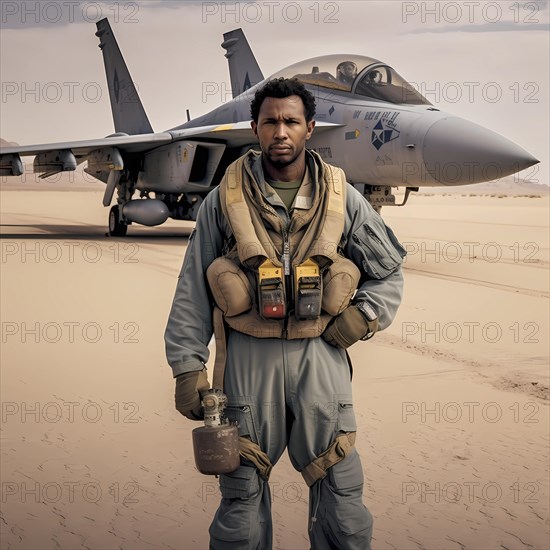 Young proud pilot stands in front of his F 14 fighter plane