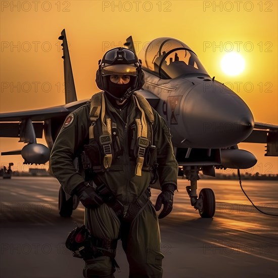 Young proud pilot stands in front of his F 14 fighter plane