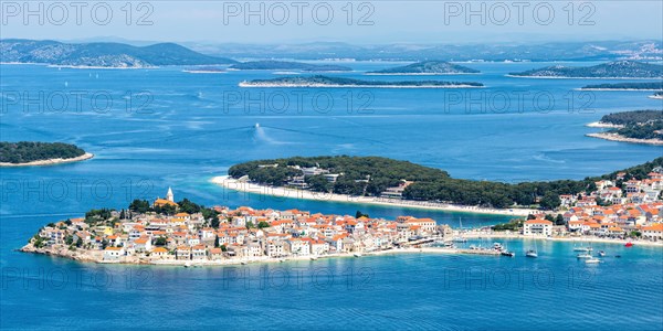Primosten town on a peninsula in the Mediterranean Sea Holiday Panorama in Primosten