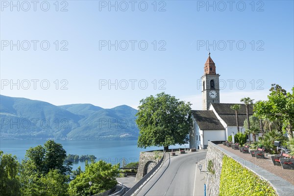 Church with Panoramic View and Mountain road Above Lake Maggiore in a Sunny Day in Ronco sopra Ascona