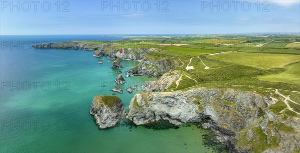 Aerial panorama of the Bedruthan Steps cliff formation
