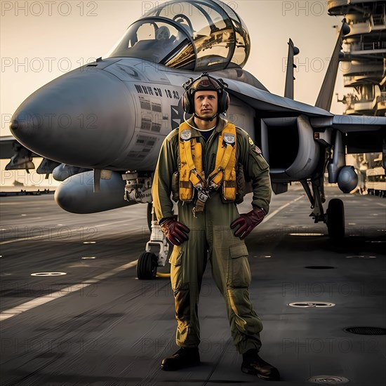 Young proud pilot stands in front of his F 14 fighter plane