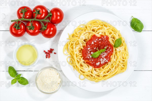 Spaghetti eat Italian pasta lunch dish with tomato sauce from above in Stuttgart