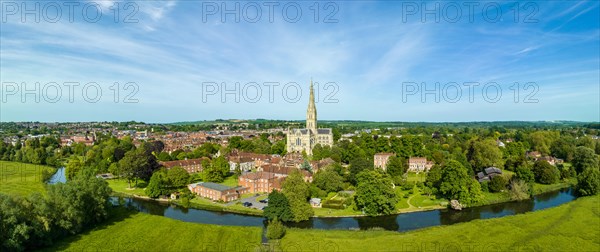 Aerial panorama of the city of Salisbury with Salisbury Cathedral and the River Avon