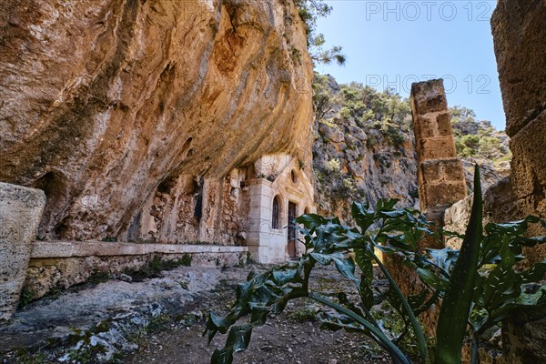 Orthodox cave church of St John the Hermit in abandoned Katholiko monastery in Avlaki gorge