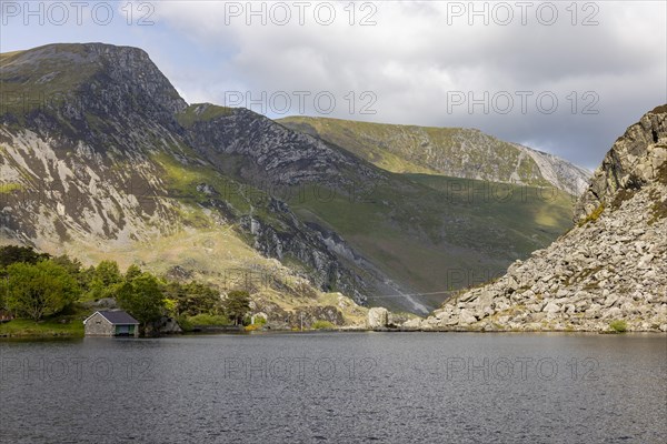 View over the lake with boathouse