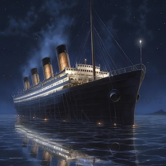 Journey of the Titanic in the Atlantic on a starry night and calm sea