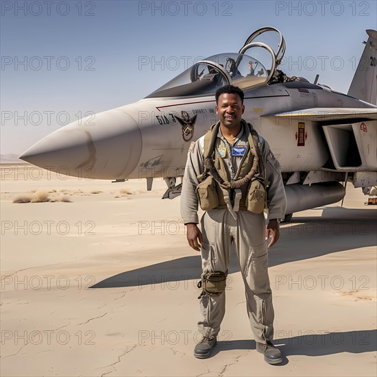 Young proud pilot stands in front of his F 14 fighter plane