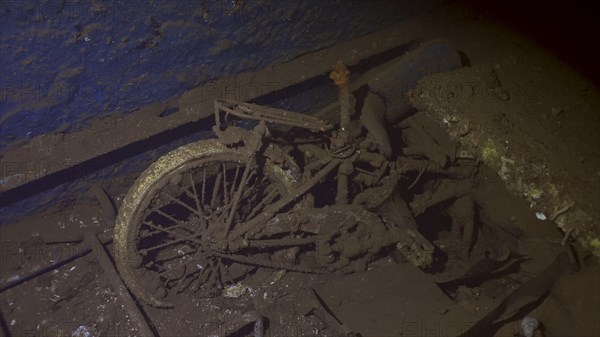 Bicycle luggage and personal belongings of passengers lie inside hold of ferry Salem Express shipwreck