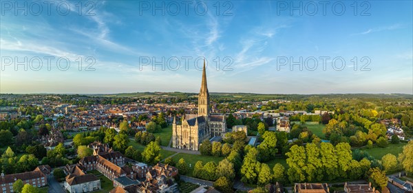 Aerial panorama of the city of Salisbury with Salisbury Cathedral