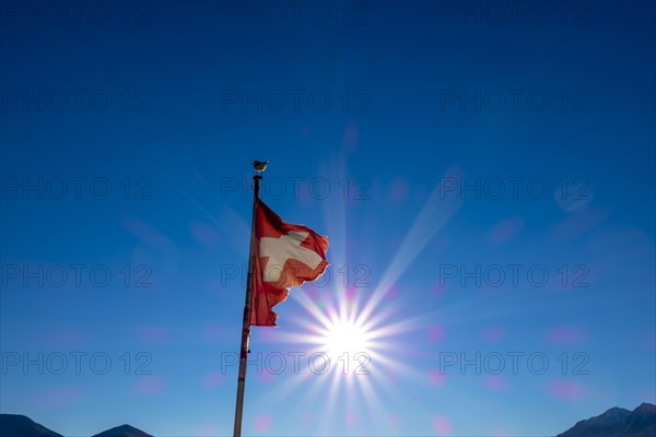 Broken Swiss Flag with a Bird and Sunbeam with Mountain Peak in Switzerland