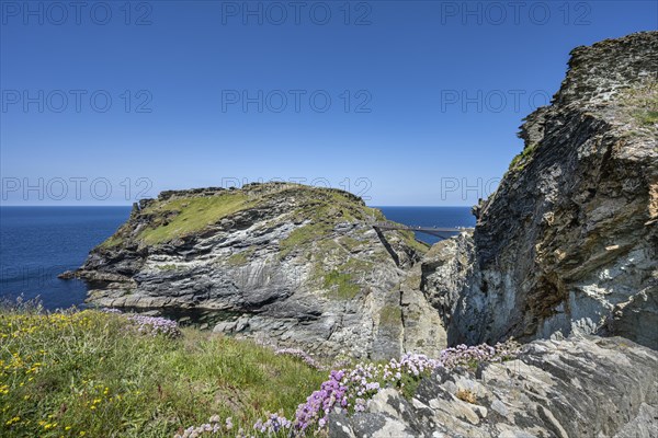 Rough cliffs with the Tintagel Peninsula and the ruins of Tintagel Castle