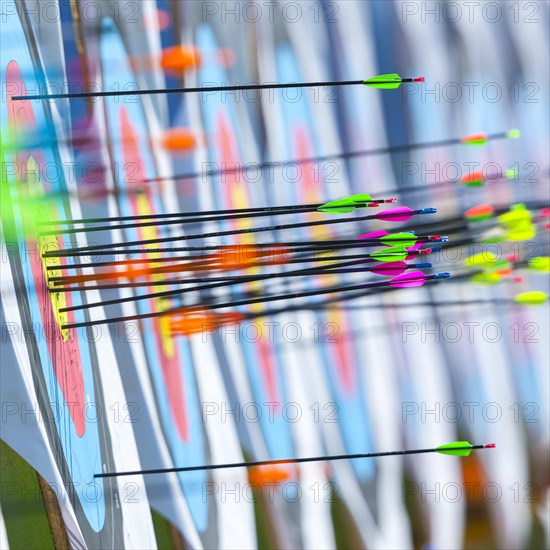 Lots of colourful arrows stuck in targets in archery