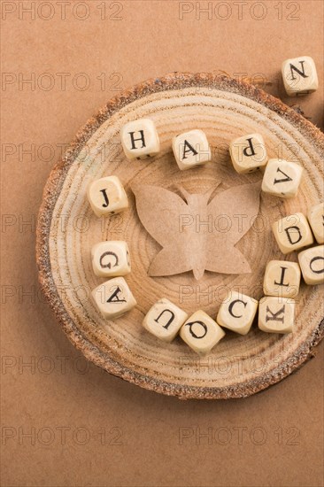 Letter cubes of made of wood around paper butterfly