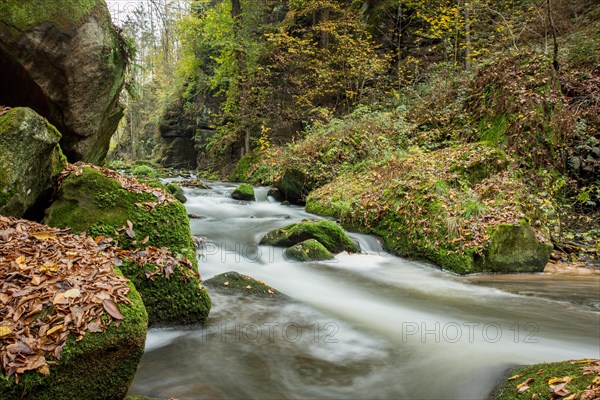Fast flowing water in a gorge in autumn