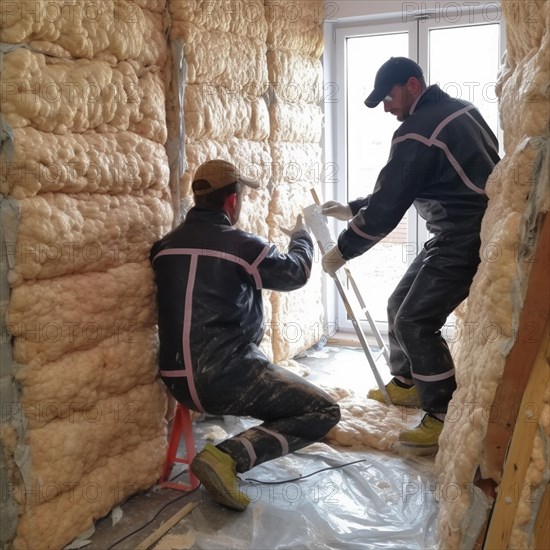 Craftsmen insulate a house with insulating material