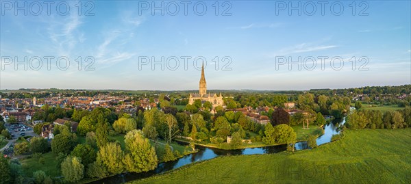 Aerial panorama of the city of Salisbury with Salisbury Cathedral