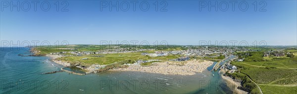 Aerial panorama of the coastline of Bude Bay