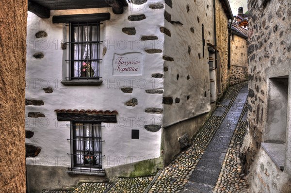 Narrow Street with Old Rustic Houses in Ronco sopra Ascona in Switzerland