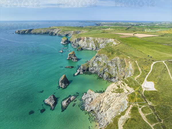 Aerial view of the Bedruthan Steps cliff formation