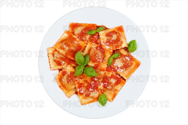 Ravioli Italian pasta exempt isolated eat lunch dish with plate in tomato sauce from above in Stuttgart