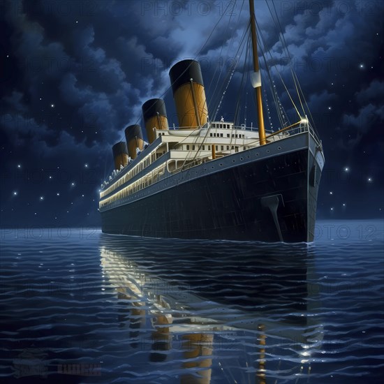 Journey of the Titanic in the Atlantic on a starry night and calm sea