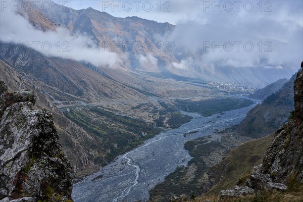 View from the village of Tsdo into the Darial Gorge with the Terek River