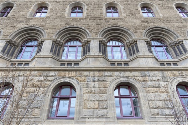 Detailed view of the neo-Romanesque building