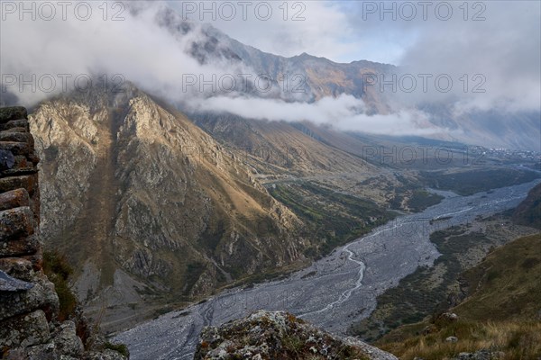 View from the village of Tsdo into the Darial Gorge with the Terek River