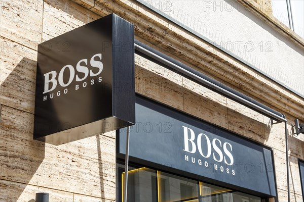 Hugo Boss brand shop with logo retail on Koenigstrasse in Stuttgart