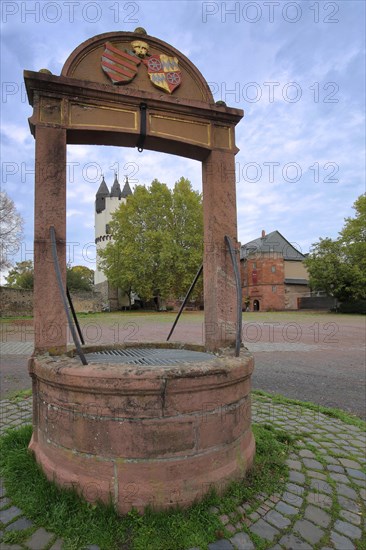 Castle courtyard fountain with coat of arms at the castle