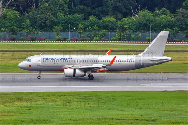 An Airbus A320 aircraft of Pacific Airlines with registration number VN-A577 at Changi Airport