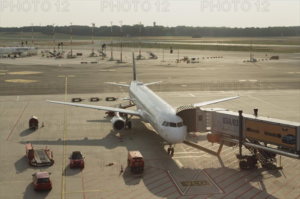 Passenger aircraft Airbus A321-200 Remscheid of the airline Lufthansa during check-in at Terminal 1 at Hamburg Airport