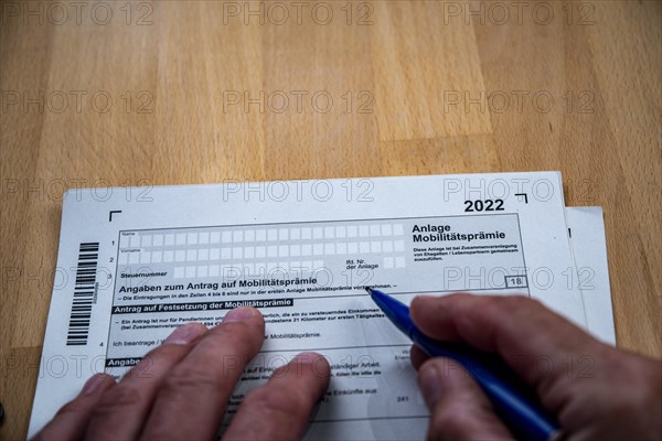 Male hand with biros in front of income tax declaration form