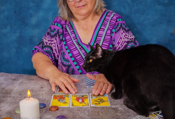 Fortune teller reading tarot cards with a black cat on the table on the table white candles