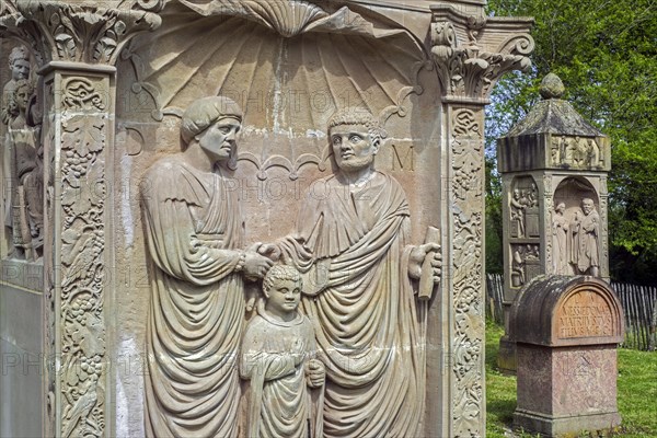 Reconstructed funeral pillars and steles at the Gallo-Roman necropolis at the open-air Archeosite and Museum of Aubechies-Beloeil