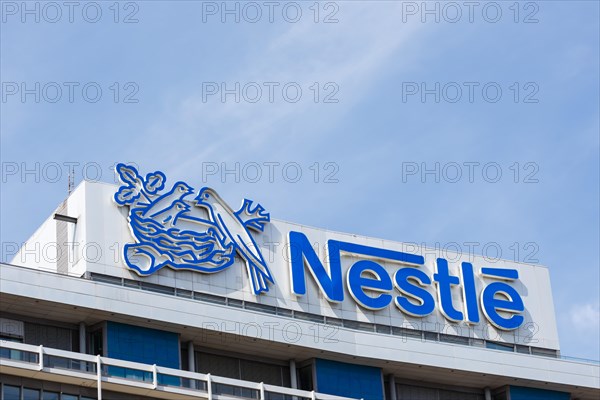 German headquarters of the food company Nestle with logo in Frankfurt-Niederrad