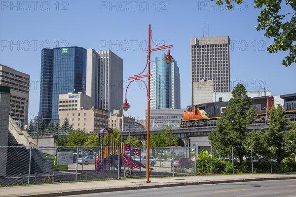 Canadian National Railway train in front of Skyline